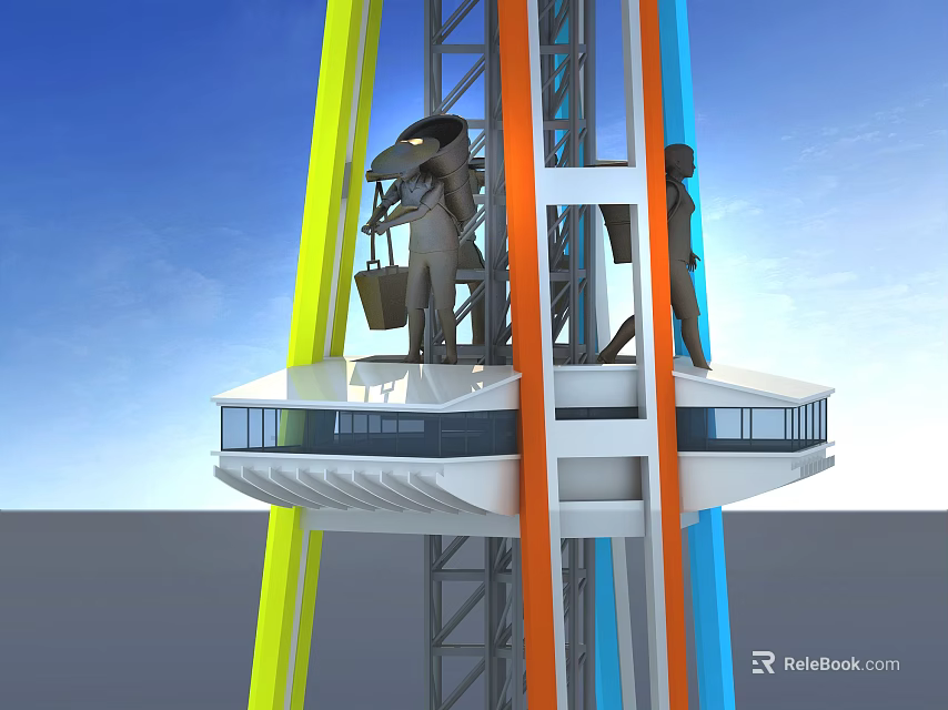 Modern Tower With Colorful Structures And Top Observation Platform Under Blue Sky 3d model 