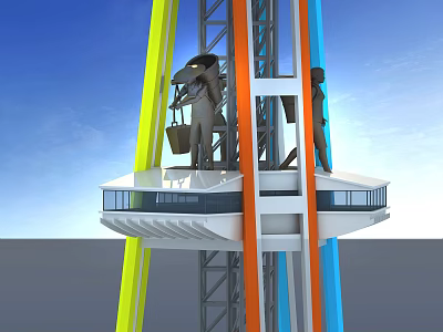 Modern Tower With Colorful Structures And Top Observation Platform Under Blue Sky 3d model