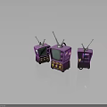Three Purple Vintage Televisions With Retro Antennas Buttons And Classic Design Electronic Appliances