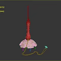 Red Tower Building With Umbrella Like Base And Illuminated Spire Top