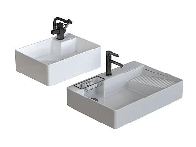 Contemporary White Rectangular Washbasins With Black Faucets And Draining Board Design 3d model