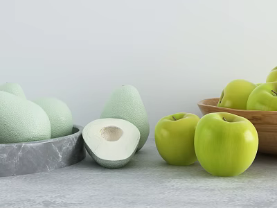 Fresh Green Halved Pomelo and Green Apples in Marble and Wooden Bowls on Gray Countertop 3d model