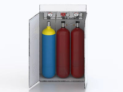 Industrial Equipment Metal Cabinet With Blue And Red Gas Cylinders Gauges And Valves 3d model