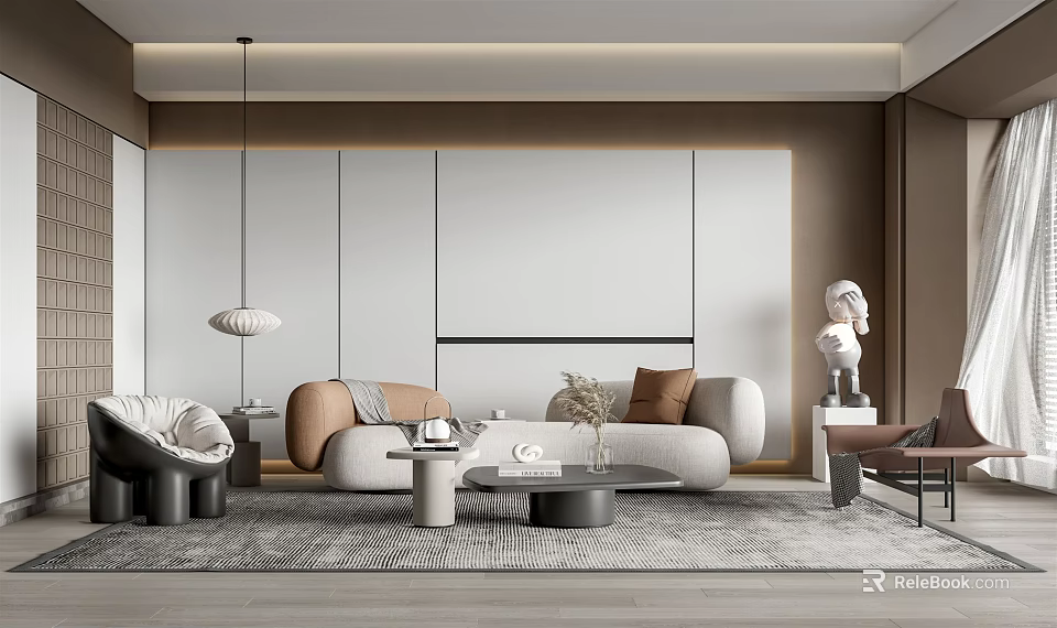 Modern Living Room Interior Design With Sofa Coffee Table Pendant Light And Sculpture 3d model 