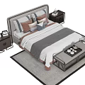 Modern Double Bed With Gray Headboard Neutral Tones Bedding Two Nightstands And Bench 3d model