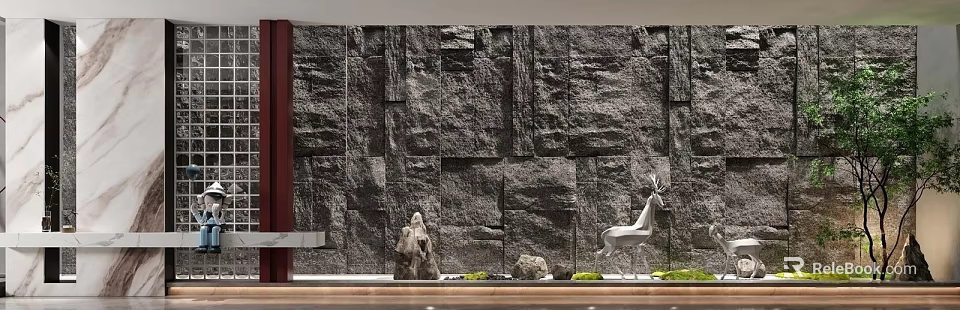 Serene Courtyard Garden With Natural Stone Wall Deer Ornament And Lush Plants 3d model 
