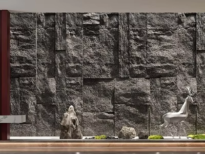 Serene Courtyard Garden With Natural Stone Wall Deer Ornament And Lush Plants 3d model