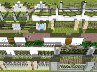 Diverse Building Exterior Walls With Iron Railings Green Plants And Decorative Designs 3d model