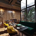 Modern Restaurant Interior With Wooden Walls Macrame Decorations Green Sofa Yellow Chairs Large Windows Plants