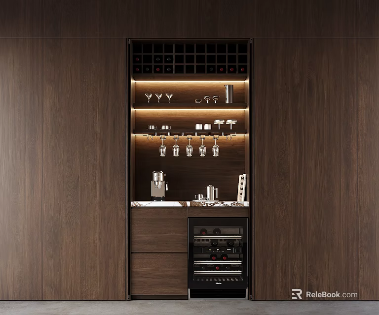 Modern Wooden Wine Cabinet Interior With Wine Racks Glass Holders And Coffee Machine 3d model 