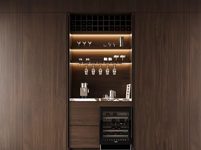 Modern Wooden Wine Cabinet Interior With Wine Racks Glass Holders And Coffee Machine 3d model