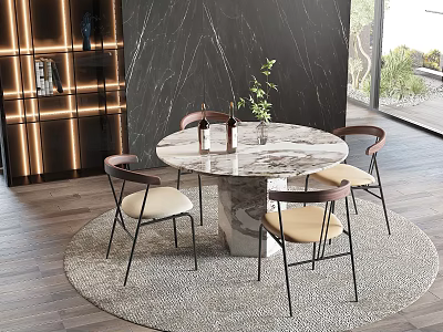 Round Marble Dining Table with Marble Base and Four Beige Cushion Black Metal Leg Chairs 3d model