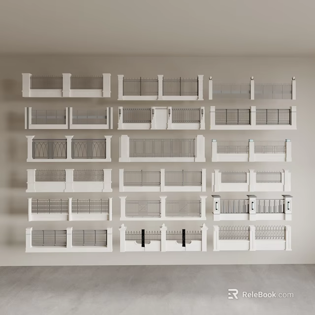 Various White Balcony Railing Designs Displayed On Wall With Different Styles 3d model