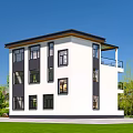 Modern Detached Villa With White Exterior Black Roof Large Windows Swimming Pool And Green Lawn
