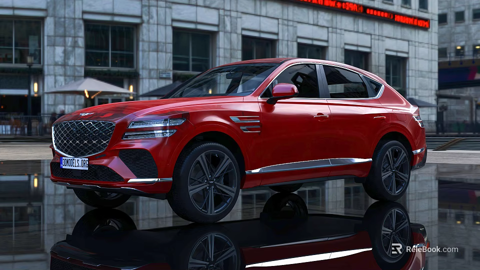 Red Modern SUV With Sleek Body Lines Front Grille And Black Wheels In Urban Background 3d model 