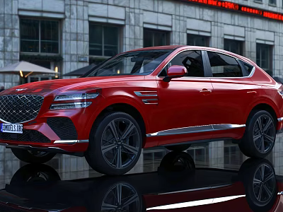 Red Modern SUV With Sleek Body Lines Front Grille And Black Wheels In Urban Background 3d model