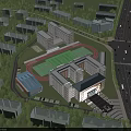 Aerial View Of Modern School Building With Classroom Complex Track Field And Greenery