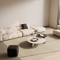 Modern Beige Sofa and Coffee Table Set with Throw Pillows Decorative Items and Area Rug 3d model