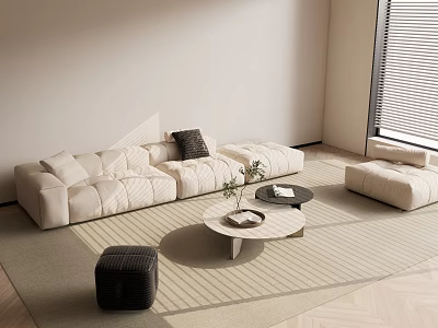 Modern Beige Sofa and Coffee Table Set with Throw Pillows Decorative Items and Area Rug 3d model