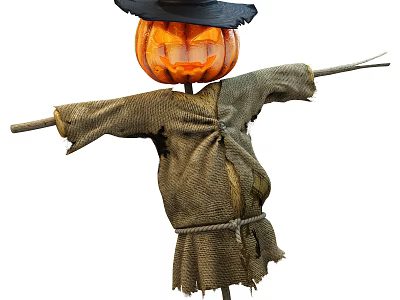 Halloween Scarecrow With Pumpkin Head Black Hat Burlap Clothes And Stick Arms 3d model