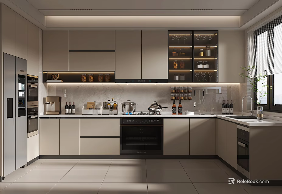 Elegant Modern Kitchen Interior With Sleek Cabinets Oven Bottles And Natural Light 3d model 