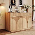 Wooden Sideboard With Scalloped Doors Decorative Top Wine Bottles Glass Holder And Flower Vase