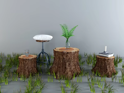 Wooden Tree Stumps Decor With Grass Fern Plant And Stool Glass Book Candle 3d model