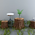 Wooden Tree Stumps Decor With Grass Fern Plant And Stool Glass Book Candle