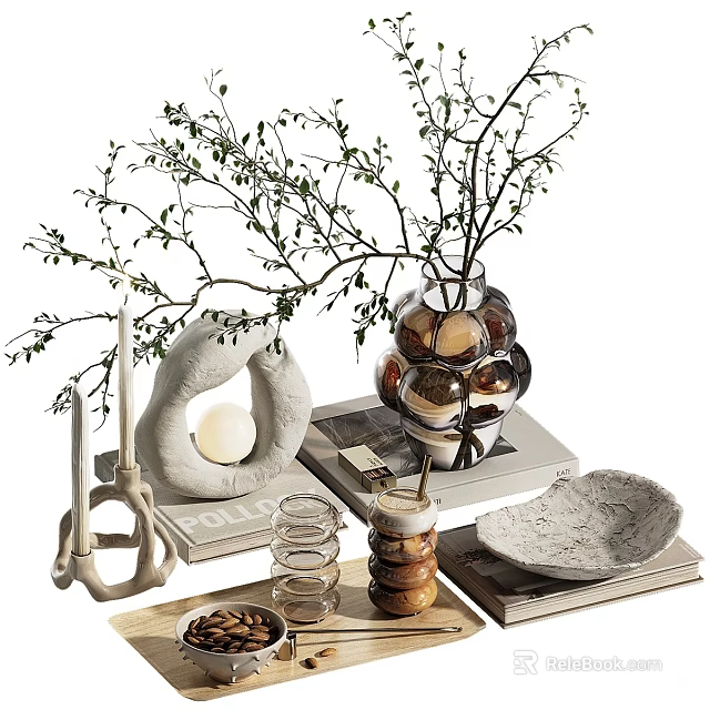 Decorative Ornament Set with Glass Vase Branch Candle Books and Stone Tray 3d model 
