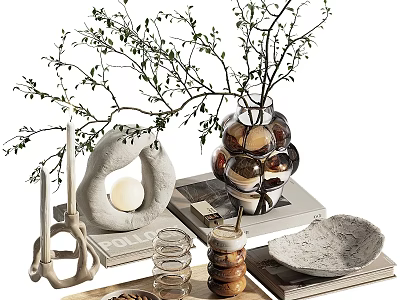 Decorative Ornament Set with Glass Vase Branch Candle Books and Stone Tray 3d model