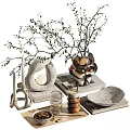 Decorative Ornament Set with Glass Vase Branch Candle Books and Stone Tray