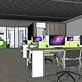 Modern Public Office Space with Workstations Computers Ergonomic Chairs and Green Plants 3d model