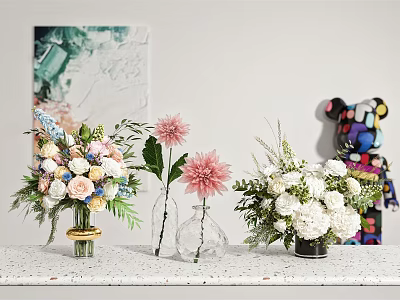Beautiful Flower Vases with Pink Dahlias White Blooms and Blue Blossoms on Countertop 3d model