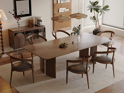 Natural Wooden Dining Table Set With Leather Chairs And Pendant Lights In Room Interior 3d model