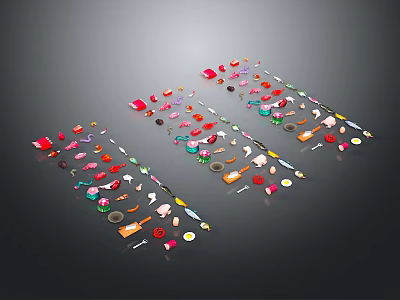 Colorful Small Food Items Arranged in Rows with Vibrant Colors and Shapes 3d model
