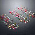 Colorful Small Food Items Arranged in Rows with Vibrant Colors and Shapes