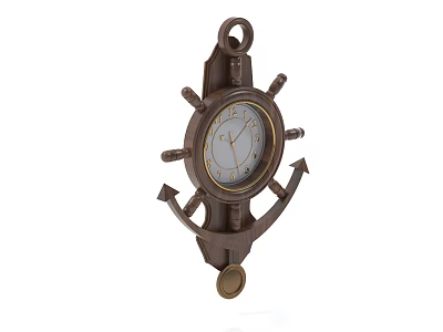 Vintage Brown Wooden Wall Clock With Ship Wheel Design And Pendulum 3d model
