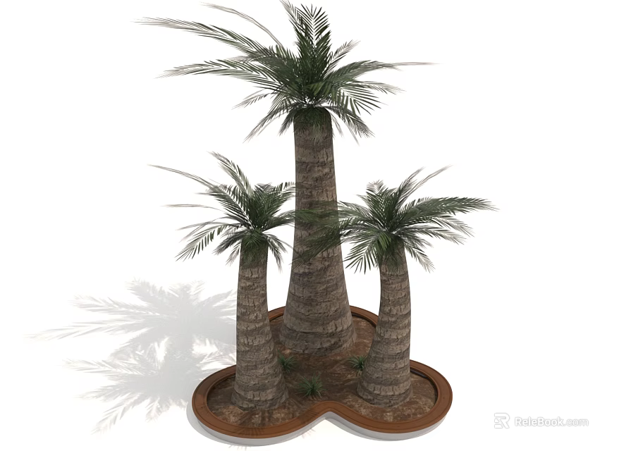 Three Tall Palm Trees with Thick Trunks on Circular Base for Decorative Landscaping 3d model 