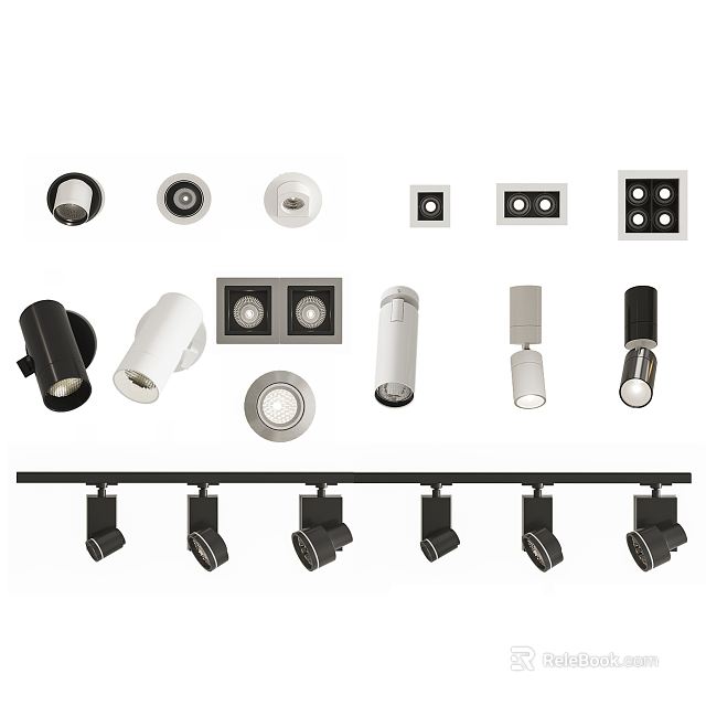 Various Styles Of Downlights And Spotlights With Black White Designs And Track Mounted Types 3d model 