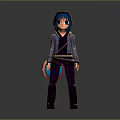 Game Movie Character With Blue Hair Glasses Gray Jacket Purple Pants Golden Belt Standing Pose