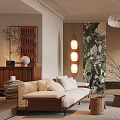 Elegant Modern Living Room Interior Design With Sofa Chandelier Indoor Plants Artwork Rug And Windows