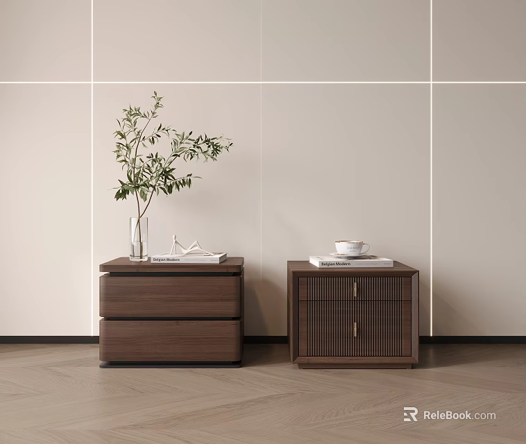 Modern Wooden Nightstands With Green Plant Vase Books And Cup In Minimalist Bedroom 3d model 