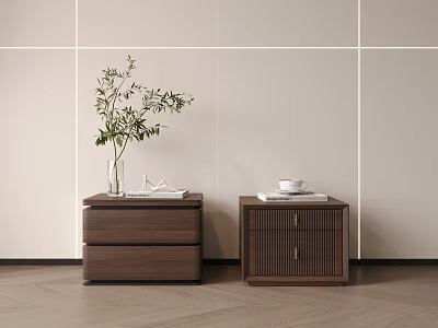 Modern Wooden Nightstands With Green Plant Vase Books And Cup In Minimalist Bedroom 3d model