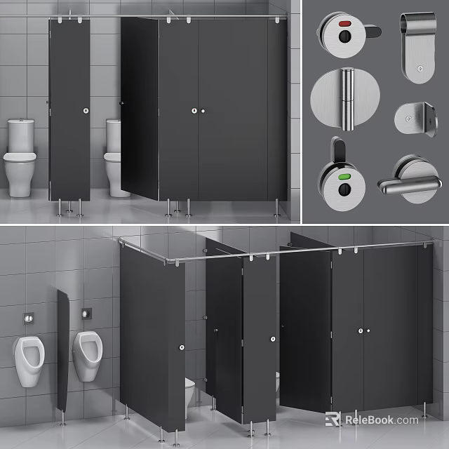 White Toilet in Black Bathroom Stalls with Gray Tile Walls Urinals and Hardware Locks 3d model 