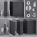 White Toilet in Black Bathroom Stalls with Gray Tile Walls Urinals and Hardware Locks