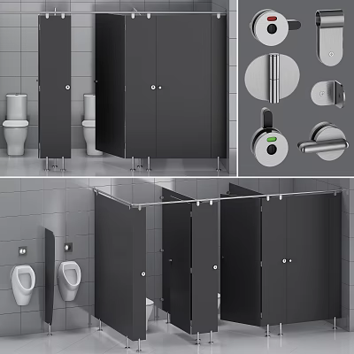 White Toilet in Black Bathroom Stalls with Gray Tile Walls Urinals and Hardware Locks 3d model
