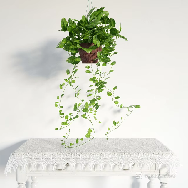 Lush Green Hanging Basket Plant With Trailing Vines And Brown Planter On White Decorative Surface 3d model 