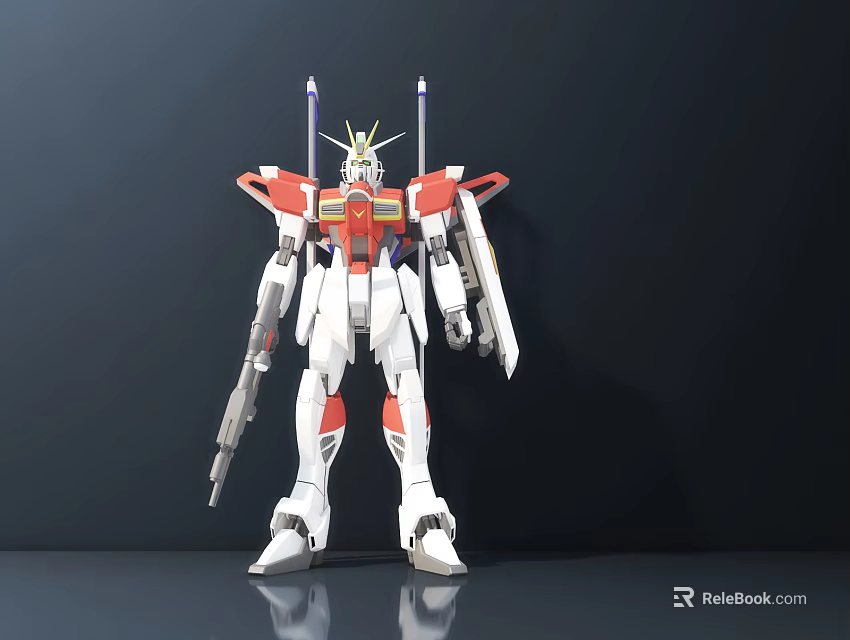 Red and White Gundam Action Figure with Guns Antennas and Standing Pose Design 3d model 