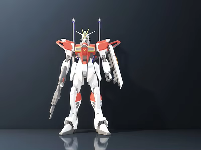 Red and White Gundam Action Figure with Guns Antennas and Standing Pose Design 3d model