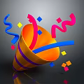 Decorative Ornament Set With Orange Horn Shaped Design Colorful Streamers Small Squares On Dark Background
